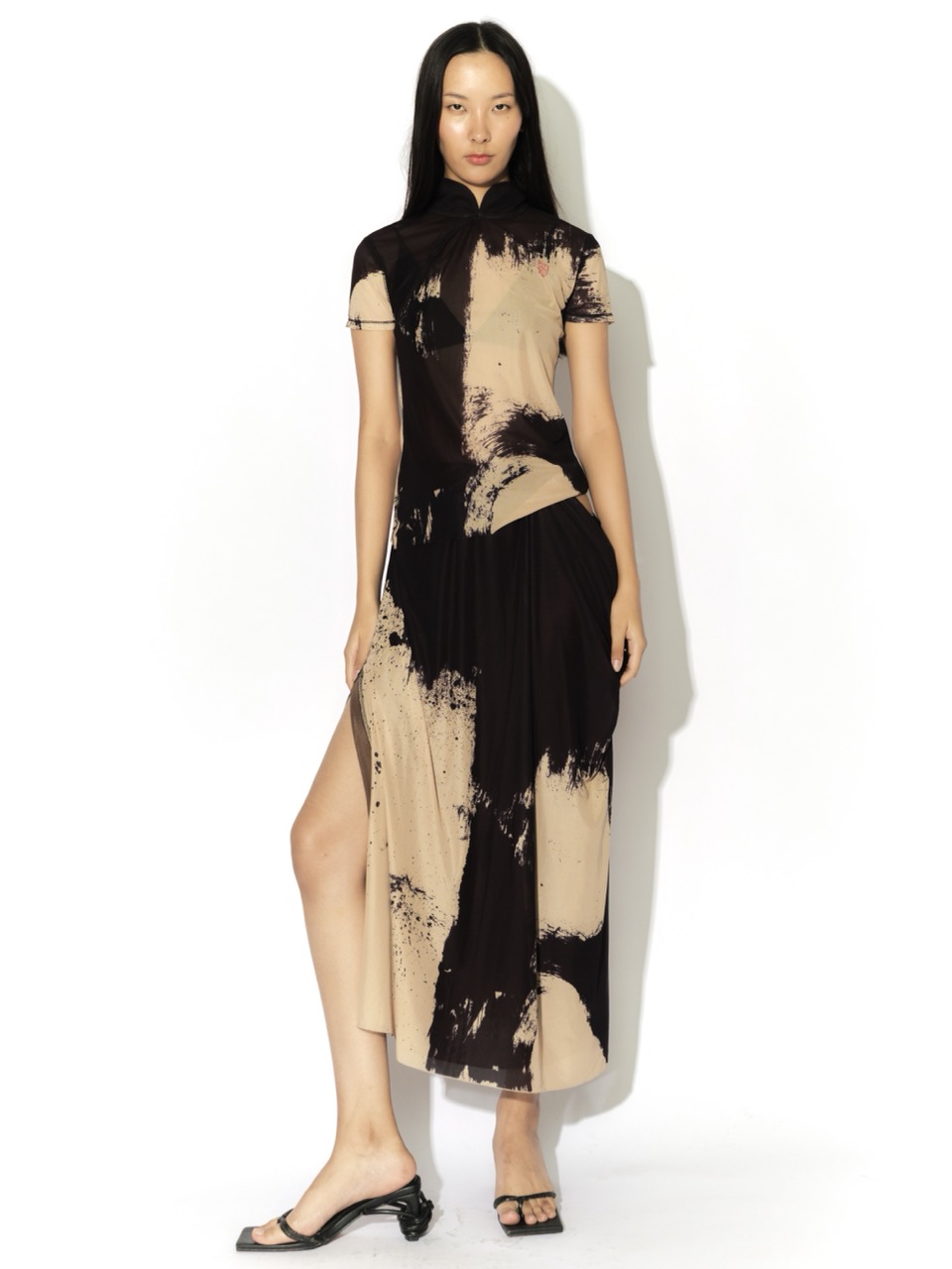 Picture of MESH CALLIGRAPHY STROKE WRAP SKIRT 